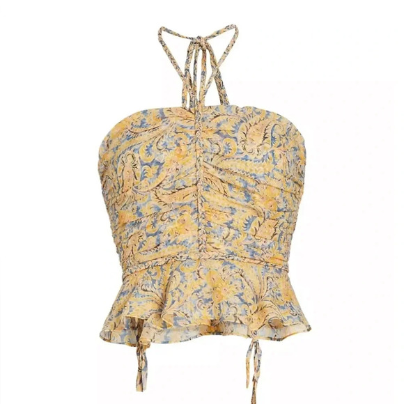 NWT Veronica Beard Silk Arienne Gathered Halterneck Top Yellow and Blue Size 14 - Picture 4 of 13